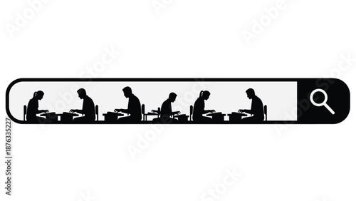 People searching online browsing working on computers sitting at desks in a row silhouettes
