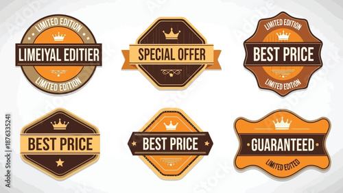 Collection of colorful badges with promotional offers and limited edition designs