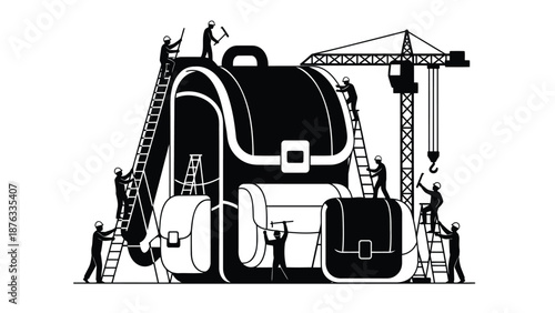 Workers construct large luggage with cranes and ladders in industrial setting