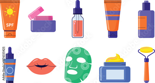 Comprehensive skincare and beauty product vector icon set featuring SPF sunscreen, facial serums, sheet masks, lip balm, moisturizing creams, and jade roller.