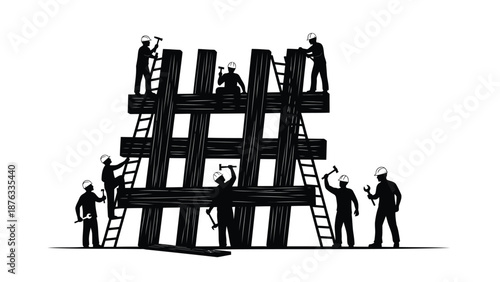 Workers in hard hats building a large structure with wooden beams and ladders