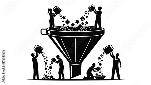 People filtering data with funnel and boxes sorting information