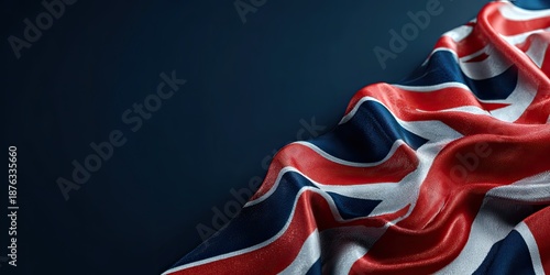 A detailed image of a stylized flag with red, white, and blue hues.  The background is dark