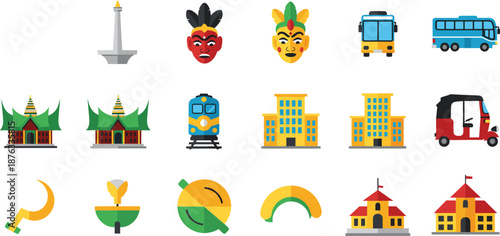 Comprehensive Indonesian culture and city life vector icon set featuring traditional masks, monuments, temples, public transport buses, tuk-tuks, and local government buildings.
