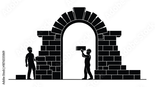 Two construction workers building brick archway structure together outdoors