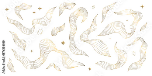 Luxury Asian cloud wave pattern, elegant gold line ornaments, vector background. Abstract Chinese and Japanese flowing wind shapes, soft organic curves