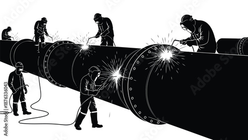 Workers welding large industrial pipeline sections with sparks flying everywhere in a construction site