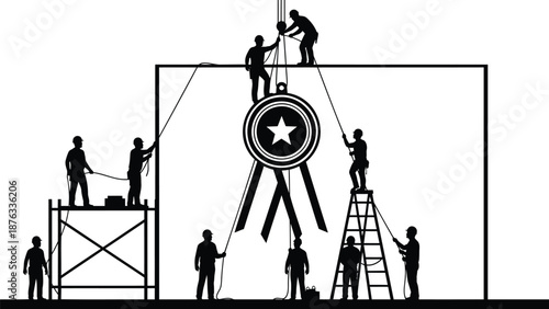 Workers installing large star shaped medal on wall with ropes and ladders