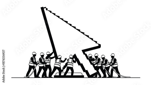 Workers in hard hats pulling a large black arrow on the ground with teamwork and effort