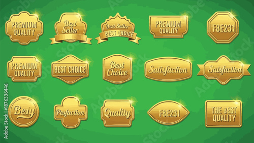 Collection of golden badges and labels with quality and best seller themes