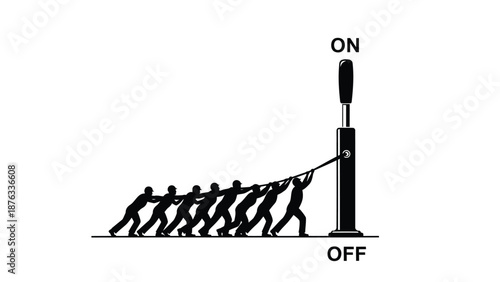 People pulling switch from off to on teamwork and effort to activate