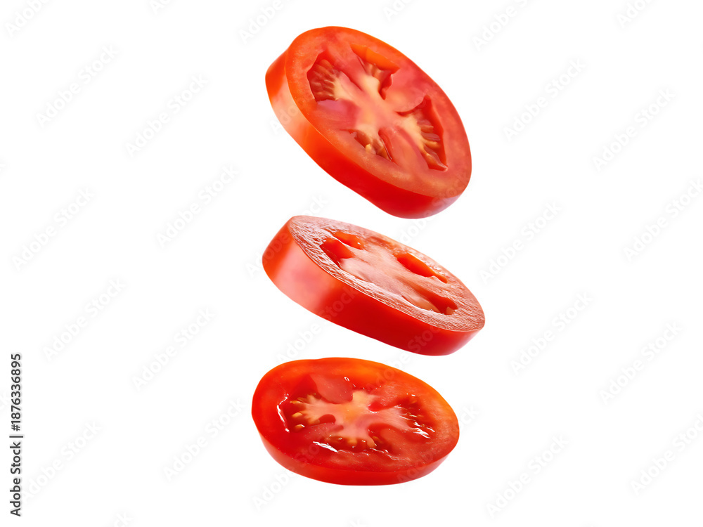 Fototapeta premium Sliced tomatoes falling isolated on a transparent background juicy 2