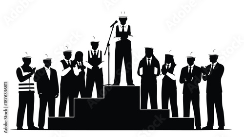 Silhouette of business people applauding a speaker on a podium in a conference setting with a white background