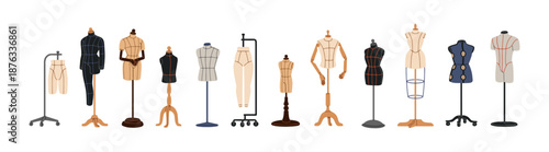Tailor mannequins set. Dressmakers' dummies with female and male body silhouettes. Sewing manikins with torso, legs for textile manufacture. Flat isolated vector illustrations on white background