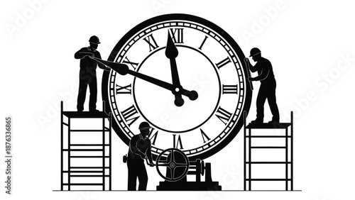 Workers adjusting large clock face with tools on scaffolding at daytime
