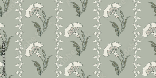 Vintage botanical seamless pattern with neutral tones. Folk delicate floral and flowing leaf soft wallpaper.