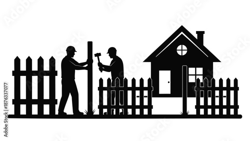 Two men building and repairing a wooden picket fence around a house