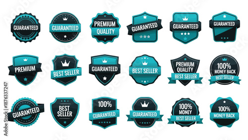 Collection of various colorful guarantee and quality badges and labels