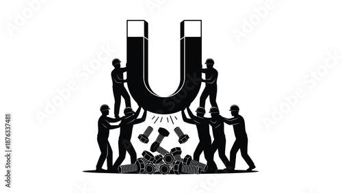 People working together to hold large magnet attracting metal objects on ground