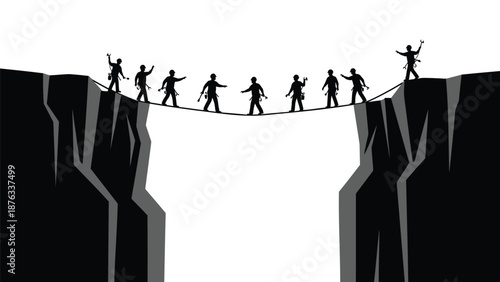 People balancing on a tightrope over a deep cliff symbolizing teamwork and trust