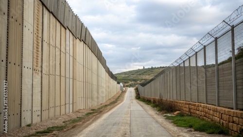 Emotional connection and architecture concept. Concrete barriers line a narrow path under a cloudy sky.