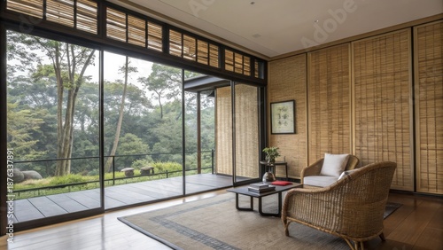 Emotional connection and architecture concept. Modern interior with large windows and natural light overlooking greenery.