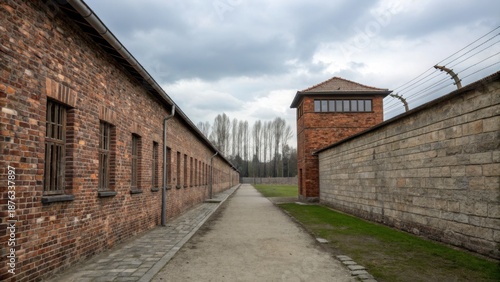 Emotional connection and architecture concept. A somber pathway between historical brick buildings.