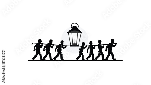 Group of people carrying a large lantern together in unison outdoors