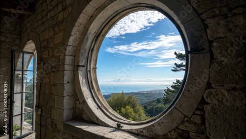 Emotional connection and architecture concept. Scenic view through a circular stone window overlooking nature.