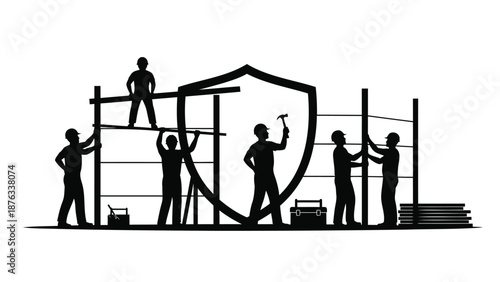 Workers building a fence with a shield symbol for security and protection concept