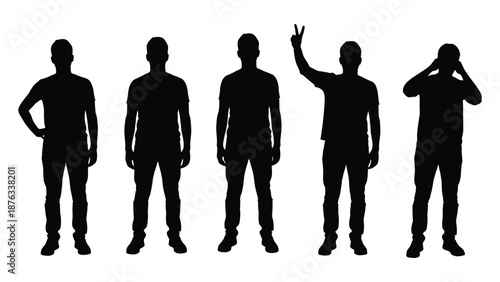 Collection of five young men silhouettes shown in casual standing poses