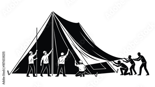 Group of people working together to set up a large black tent outdoors