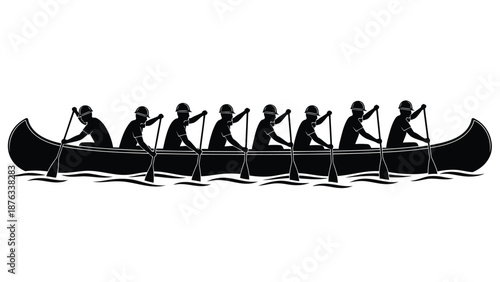 Eight people rowing together in a canoe with synchronized paddling motion on calm water