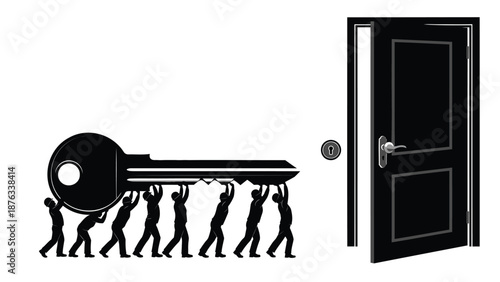 Many people working together to unlock a door with a large key