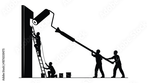 Four workers painting large wall with giant roller brush teamwork and collaboration concept