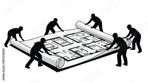Six workers in silhouette unroll and lay down a large architectural blueprint on the floor together