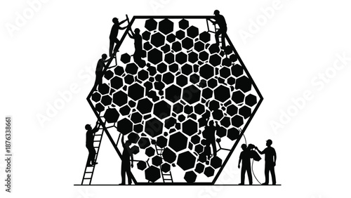 Workers building large honeycomb structure with hexagonal cells and silhouettes