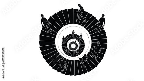 Group of people standing around a circular graphic with a cityscape at its center black and white illustration abstract concept