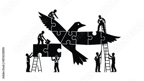 Teamwork concept with people assembling a puzzle bird silhouette on ladders