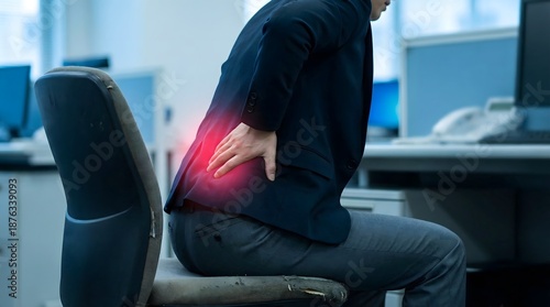 A businessman sitting at his desk suffers from intense lower back pain.