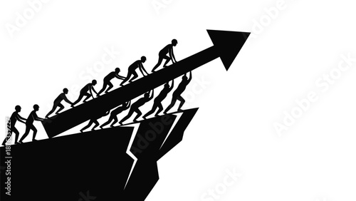 Silhouettes of people climbing up an arrow on a cliff face symbolizing teamwork and progress