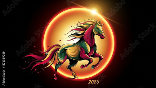 Vibrant horse runs in front of glowing sun with colorful mane and tail symbolizing energy and freedom in 2026