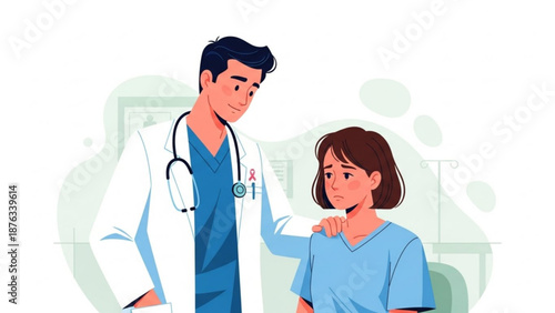 Medical professional comforting patient in blue scrubs with stethoscope around neck in clinic