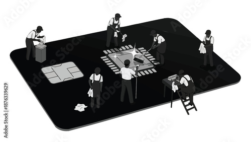 Workers constructing a large credit card with tools and materials on a giant card surface