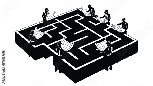 Businesspeople navigate complex office maze with chairs and desks symbolizing teamwork and strategy