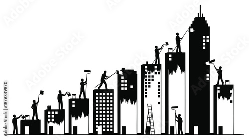 Cityscape with people painting buildings black urban landscape transformation concept