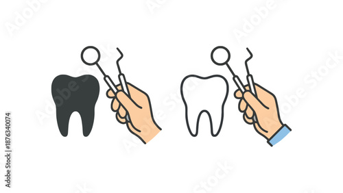 A dentist examines a healthy and unhealthy tooth with a dental tool