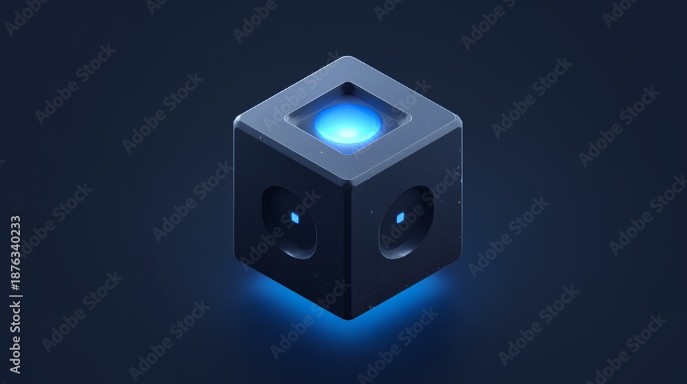 Obraz premium Futuristic Cloud Computing Core Cube with Blue Light Glow, Minimal Design and Copy Space for Enterprise Data Center Infrastructure
