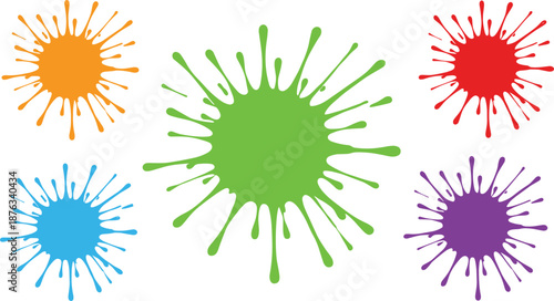 Colorful paint splatter clipart set with bright ink blot elements, splash graphics, artistic stains, watercolor bursts, and creative design accents