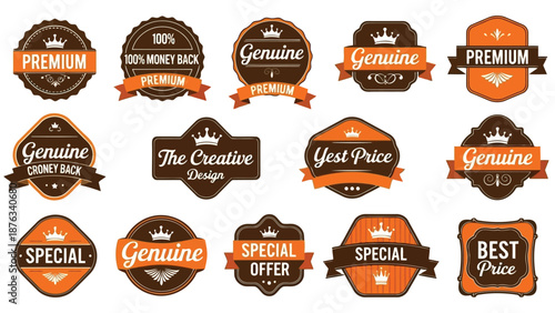Collection of vintage style badges and labels with premium and special offers